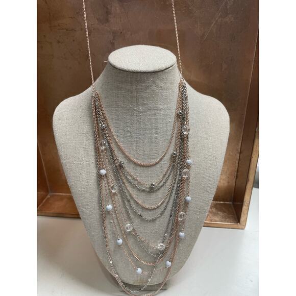 NWT Layered Necklace Rose Gold‎ & Silver Chain with Enamel & Crystal Beads 21.5" - Picture 6 of 8